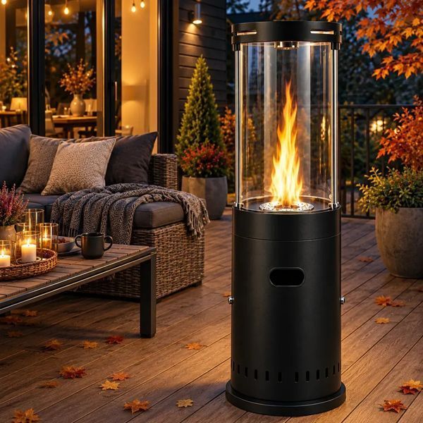 Уличный газовый обогреватель Gordon 11 кВт с эффектом пламени и защитным стеклянным экраном для террасы, сада, ресторана (Черный) 79207 фото