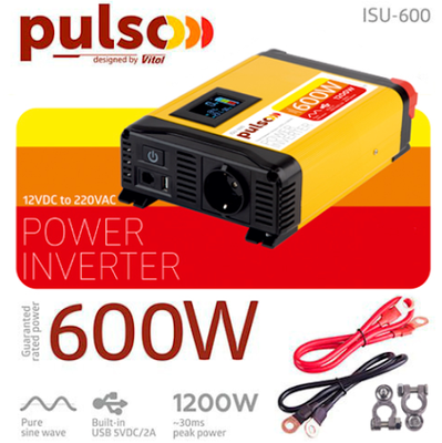 Перетворювач напруги PULSO/ISU- 600/12V-220V/600W/LCD/USB-5VDC2.0A/син.хвиля/клеми 77902 фото